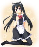  animal_ears black_hair cat_ears enmaided k-on! kneeling long_hair maid nakano_azusa odaya odayan pantyhose purple_eyes solo twintails violet_eyes 