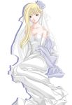  blonde_hair blue_eyes breasts bride cleavage dress flower highres long_hair metroid nintendo samus_aran tamamon wedding_dress 