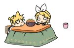  animated_gif blonde_hair eating food fruit gif hair_ornament hair_ribbon hairclip kagamine_len kagamine_rin kotatsu lowres orange ribbon short_hair siblings smile table tamara twins vocaloid 