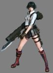  3d absurdres angry bazooka belt belt_pouch black_hair blue_eyes boots capcom cg collared_shirt crop_top devil_may_cry devil_may_cry_3 facial_scar female fighting_stance full_body gloves grey_background gun gunlance heterochromia highres huge_weapon knee_boots knife lace-up_boots lady lady_(devil_may_cry) leather lips lipstick medium_sleeves midriff miniskirt navel official_art open_mouth parted_lips plaid pouch red_eyes red_lipstick scar scar_on_nose short_hair short_shorts shorts simple_background skirt solo standing strap thigh_strap weapon 