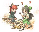  animal_ears ara_ta bad_id black_hair braid disassembly kaenbyou_rin long_hair red_eyes red_hair redhead reiuji_utsuho socks tools touhou twintails wings 