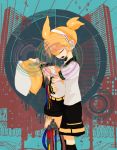  closed_eyes hair_ribbon headphones holding kagamine_len kagamine_rin kokoro_(vocaloid) meily ribbon robot short_hair shorts siblings twins vocaloid 