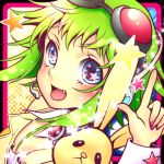  breasts cleavage fang goggles green_eyes green_hair gumi headphones headset kayu nail_polish smile solo star stuffed_animal stuffed_toy vocaloid 