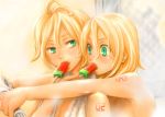  food fruit green_eyes hug kagamine_len kagamine_rin paraiso popsicle siblings suika_bar tattoo twins vocaloid watermelon 