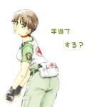  brown_hair capcom choker fingerless_gloves gloves looking_back rebecca_chambers resident_evil sandoicchi short_hair solo 