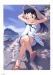  absurdres armpits black_hair child crossed_legs dress feet flat_chest hat highres ocean rock sandals sitting solo straw_hat sundress takamichi twintails wind wink 