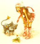  1girl boots dandelion flower hat hikari_(pokemon) keko_(corona) luxio pokemon pokemon_(creature) traditional_media 