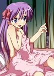  :d blush hiiragi_kagami izumi_konata lucky_star naked_sheet nude open_mouth purple_hair ribbon sakaki_imasato sitting smile 