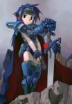  blue_eyes blue_hair cape gun satou_toshiyuki sword weapon 