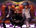  black_dress blonde_hair blue_eyes blue_hair brain-m chain chains couch crossdressing crossdressinging dress elbow_gloves flower from_above gloves hair_ribbon hat imitation_black_(vocaloid) kagamine_len kaito kamui_gakupo long_hair male mini_top_hat multiple_boys ponytail purple_hair ribbon ring rose short_hair smile thigh-highs thighhighs top_hat trap vocaloid 