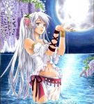  blue_eyes bracelet flower jewelry midriff moon navel original ribbon silver_hair traditional_media trimcolor water 