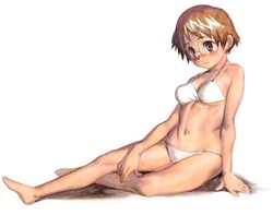  barefoot bikini blush brown_eyes brown_hair glasses satou_toshiyuki short_hair simple_background swimsuit traditional_media 
