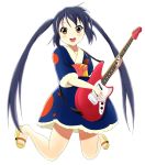  brown_eyes costume guitar highres instrument japanese_clothes k-on! kimono kneeling long_hair mustang(guitar) nakano_azusa sandals short_kimono solo tsuchifumazu twintails 