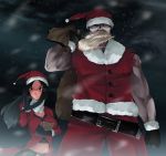  black_hair blush christmas glasses gloves hat long_hair male mirre muscle night santa_costume santa_hat 