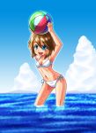  ball beachball bikini blue_eyes brown_hair nekokuro original short_hair swimsuit wading water wet 