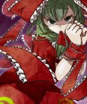  green_hair hair_ribbon kagiyama_hina mouth_hold ribbon short_hair solo touhou yukataro 