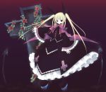  blazblue blonde_hair cross dress flower frills gothic_lolita hair_ribbon high_heels highres kabe_(ryuryuta) lolita_fashion long_hair pantyhose rachel_alucard red_eyes ribbon rose ryuta shoes twintails vampire 