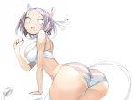  1girl :d animal_ears ass back breasts cat_ears fang hair_ornament hairclip i_(deichi) open_mouth original panties purple_hair short_hair sideboob smile solo striped striped_panties tail thigh-highs underwear underwear_only white_eyes white_legwear 