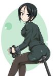  1girl ass ass_grab back-seamed_legwear bangs binoculars black_eyes black_hair black_legwear chouno_ami girls_und_panzer green_jacket green_skirt hand_on_own_thigh highres holding jacket light_smile long_sleeves looking_at_viewer looking_back military military_uniform miniskirt pantyhose pantylines pencil_skirt seamed_legwear short_hair sitting skirt solo swept_bangs uniform wanyan_aguda 