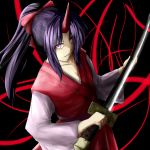  1girl ao-shiba black_hair bow hair_bow horn japanese_clothes katana konngara ponytail red_eyes solo sword touhou touhou_(pc-98) weapon 