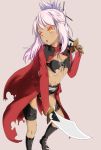  1girl black_bra black_panties boots bra brown_eyes chloe_von_einzbern dark_skin dual_wielding fate/kaleid_liner_prisma_illya fate_(series) hair_bun highres long_hair looking_back navel open_mouth otohime_ebi panties pink_hair solo sword thigh_strap underwear waist_cape weapon 