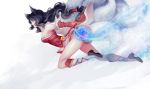  1girl ahri animal_ears bare_shoulders black_hair boots detached_sleeves energy_ball fox_ears fox_tail highres league_of_legends ling_(vivianling) long_hair long_sleeves low-tied_long_hair multiple_tails shirt skirt solo tail very_long_hair wavy_hair wide_sleeves 