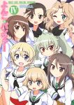  &gt;:) &gt;:d 6+girls :d ;d adapted_costume alternate_costume anchovy bangs blonde_hair blue_eyes blush braid brown_eyes brown_hair buruma copyright_name cosplay cover cover_page cup darjeeling doujin_cover drill_hair girls_und_panzer green_skirt hair_ribbon holding katyusha kay_(girls_und_panzer) light_smile long_hair long_sleeves looking_at_viewer midriff mika_(girls_und_panzer) multiple_girls neckerchief nishi_kinuyo nishizumi_maho one_eye_closed open_mouth oversized_clothes pinky_out pleated_skirt red_buruma ribbon salute school_uniform serafuku short_hair short_sleeves skirt sleeveless smile standing teacup tied_hair trait_connection twin_braids twin_drills twintails white_blouse yuuki_akira 