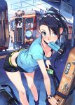  1girl 2boys bag bent_over black_hair blue_eyes bra character_request downblouse dripping duffel_bag earrings gloves guitar_case hair_over_one_eye hairband instrument_case jewelry kashima_noa leaning_forward long_hair midriff mouth_hold multiple_boys ponytail popsicle rail_wars! scrunchie shirt shorts standing sweat sweating t-shirt tactile_paving train train_conductor train_station underwear uniform vania600 wristband 