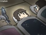  3girls bangs black_hair blunt_bangs brown_hair commentary dated futon hamu_koutarou handheld_game_console hatsuyuki_(kantai_collection) headgear kantai_collection long_hair miyuki_(kantai_collection) multiple_girls murakumo_(kantai_collection) playstation_portable sleeping sparkle white_hair 