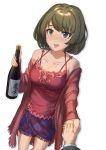  1girl absurdres alcohol blue_eyes brown_hair green_eyes heterochromia highres idolmaster idolmaster_cinderella_girls looking_at_viewer makamati mole mole_under_eye pov sake short_hair solo_focus takagaki_kaede 