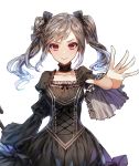  1girl bow choker drill_hair gothic_lolita hair_bow highres idolmaster idolmaster_cinderella_girls kanzaki_ranko limobok lolita_fashion looking_at_viewer red_eyes short_hair silver_hair simple_background smile solo twin_drills twintails white_background 