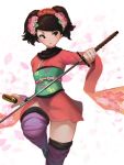  1girl bangs black_hair brown_eyes cherry_blossoms floral_print flower hair_flower hair_ornament hairband hcho highres holding holding_sword holding_weapon japanese_clothes katana kimono long_sleeves momohime oboro_muramasa petals pink_flower purple_legwear sheath short_hair short_kimono short_twintails simple_background solo standing_on_one_leg swept_bangs sword thigh-highs thighs twintails unsheathed weapon white_background wide_sleeves zettai_ryouiki 