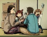  2boys 2girls chopsticks commentary_request company_connection father_and_daughter highres keiji_(uchuu_patrol_luluco) kill_la_kill luluco mankanshoku_barazou mankanshoku_mako multiple_boys multiple_girls rice_bowl shanjie uchuu_patrol_luluco 