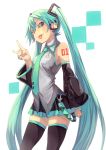  1girl :p \m/ aqua_eyes aqua_hair detached_sleeves fu-ta hatsune_miku headphones long_hair looking_at_viewer nail_polish necktie simple_background skirt solo tattoo thigh-highs tongue tongue_out twintails very_long_hair vocaloid white_background 