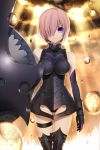  1girl armor armored_dress black_dress black_legwear breasts dress droplets elbow_gloves fate/grand_order fate_(series) gauntlets gloves hair_over_one_eye large_breasts light_rays looking_at_viewer male_protagonist_(fate/grand_order) purple_hair shield shielder_(fate/grand_order) short_hair smile solo standing sunbeam sunlight takashima_saki violet_eyes 