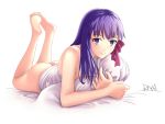 1girl artist_name ass bangs barefoot blush bottomless camisole closed_mouth eyebrows eyebrows_visible_through_hair fate/stay_night fate_(series) feet full_body hair_ribbon legs legs_together long_hair looking_at_viewer lying matou_sakura no_panties no_pupils on_bed on_stomach pillow purple_hair ribbon rna_(angel-smelter) signature smile soles solo the_pose type-moon violet_eyes white_background