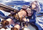  1girl ahoge belt between_breasts braid breasts brown_footwear cleavage crop_top dutch_angle from_below granblue_fantasy gun hair_between_eyes hand_on_hip kyouya_(mukuro238) large_breasts long_hair long_sleeves looking_at_viewer midriff miniskirt navel rifle silva_(granblue_fantasy) silver_hair skirt smile solo thighs twin_braids very_long_hair weapon yellow_eyes 