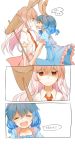  2girls :d animal_ears blue_dress blue_hair closed_eyes comic crack crazy_eyes dress ear_clip expressionless highres kine misha_(hoongju) multiple_girls necktie open_mouth pink_hair pink_skirt puffy_short_sleeves puffy_sleeves rabbit_ears red_eyes red_necktie reisen_udongein_inaba seiran_(touhou) shaded_face shirt short_sleeves skirt smile touhou translated white_shirt 