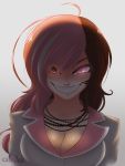  &gt;:d 1girl :d ahoge artist_name breasts cleavage cslucaris evil_grin evil_smile face glowing glowing_eyes grin heterochromia highres jewelry looking_at_viewer multicolored_hair necklace neo_(rwby) open_mouth rwby shaded_face simple_background smile solo teeth upper_body 