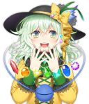  1girl :d adapted_costume bangs bead_necklace black_hat blush bow cross-laced_clothes crystal diamond_(shape) eyeball eyebrows eyebrows_visible_through_hair eyelashes flat_chest frills fringe gem green_eyes green_hair hair_between_eyes hat hat_bow hat_feather heart heart-shaped_pupils komeiji_koishi kuronohana lace long_sleeves nail_polish open_mouth short_hair simple_background smile solo sparkle symbol-shaped_pupils third_eye touhou upper_body white_background 