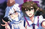  2girls :d :o animal_ears bare_shoulders blush brown_eyes brown_hair brown_hat collarbone dress ears_down eyebrows eyebrows_visible_through_hair fingernails hair_between_eyes hair_ribbon hand_gesture hand_on_another&#039;s_shoulder hat head_tilt himekaidou_hatate inubashiri_momiji long_fingernails manekinekoppoi_inu multiple_girls nail_polish open_mouth puffy_short_sleeves puffy_sleeves purple_hair purple_hat purple_ribbon ribbon short_hair short_sleeves sleeveless sleeveless_dress smile tokin_hat touhou turtleneck twintails upper_body v white_dress white_hair wolf_ears 