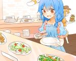  2girls animal_ears blonde_hair blue_dress blue_hair cloche_(tableware) dress ear_clip egg flat_cap food hat misha_(hoongju) multiple_girls open_mouth orange_shirt pizza plate plate_stack puffy_short_sleeves puffy_sleeves rabbit_ears red_eyes ringo_(touhou) salad seiran_(touhou) shirt short_sleeves smile tongs touhou 