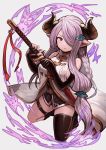  1girl bare_shoulders black_gloves blue_eyes blush braid breasts commentary_request demon_horns elbow_gloves fingerless_gloves gloves granblue_fantasy hair_ornament hair_over_one_eye highres holding holding_sword holding_weapon horns katana kneeling large_breasts lavender_hair long_hair looking_at_viewer narumeia_(granblue_fantasy) omaru_gyuunyuu pointy_ears scabbard sheath single_thighhigh solo sword thigh-highs unsheathing weapon 