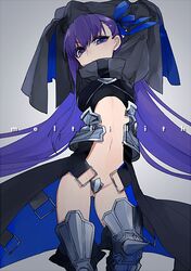  1girl armor armored_boots arms_up bangs belt belt_buckle blue_eyes boots breasts buckle c-string character_name closed_mouth covered_mouth cowboy_shot crotch_plate dress eyelashes fate/extra fate/extra_ccc fate_(series) grey_background hair_between_eyes hair_ribbon head_tilt hita_(hitapita) knee_spikes long_hair looking_at_viewer meltlilith navel purple_hair revealing_clothes ribbon solo spikes standing stomach thigh-highs thigh_boots turtleneck unbuckled_belt very_long_hair 