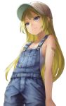  1girl bandaid bandaid_on_arm bangs bare_arms baseball_cap belt buckle buttons closed_mouth collarbone cowboy_shot denim flat_chest from_below grey_eyes hat kurione_(zassou) light_smile long_hair looking_at_viewer original overalls parted_bangs simple_background smile solo tank_top very_long_hair white_background 