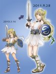  2girls blonde_hair blue_eyes braid breasts bula cleavage commentary_request dated dress long_hair multiple_girls shield single_braid sophitia_alexandra soulcalibur soulcalibur_iv sword weapon 