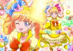  2girls ;d ;q asahina_mirai blonde_hair bow braid brooch candy candy_hair_ornament choker cure_miracle dual_persona food_themed_hair_ornament frills hair_ornament hairband hammer hanzou hat jewelry looking_at_viewer magical_girl mahou_girls_precure! mini_hat mini_witch_hat multiple_girls one_eye_closed open_mouth orange_bow pink_hat precure puffy_sleeves red_bow short_hair skirt smile star thigh-highs thigh_strap tongue tongue_out topaz_style violet_eyes witch_hat wrist_cuffs yellow_bow yellow_legwear yellow_skirt 