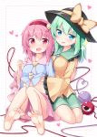  2girls assisted_exposure barefoot blue_eyes blush bow green_hair hairband hat hat_bow heart heart_of_string highres knees_together_feet_apart komeiji_koishi komeiji_satori lifted_by_another long_sleeves looking_at_viewer midriff multiple_girls ominaeshi_(takenoko) open_mouth pink_eyes pink_hair shirt shirt_lift siblings sisters sitting skirt smile soles third_eye touhou wide_sleeves 