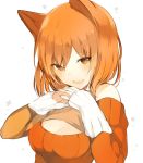  1girl :d animal_ears arm_warmers asymmetrical_clothes bare_shoulders blush breasts brown_eyes cleavage cleavage_cutout fox_ears looking_at_viewer lp_(hamasa00) off-shoulder_sweater open-chest_sweater open_mouth orange_hair original own_hands_together simple_background smile solo sweater upper_body white_background 
