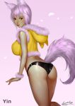  1girl animal_ears ariverkao ass black_panties breasts brown_eyes cowboy_shot crop_top dated fox_ears fox_tail hat hat_with_ears hood hoodie large_breasts lavender_hair no_pants original panties shirt short_hair signature sleeveless sleeveless_shirt solo tail thighs underwear wrist_cuffs 